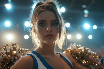 Contemplative cheerleader with pom-poms, backlit by stage lights, capturing the anticipation of a performance.

