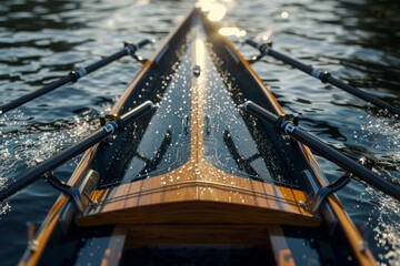 Sleek rowboat cutting through calm waters at sunrise, exemplifying teamwork and precision in a serene, golden hour setting.


