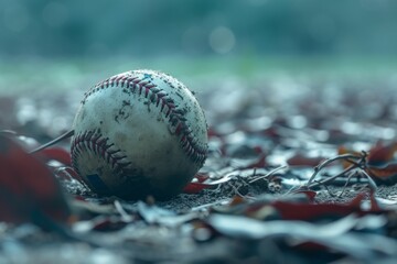 Close-up of a weathered baseball on wet autumn leaves, symbolizing nostalgia and the end of a season, with a moody, atmospheric feel.

