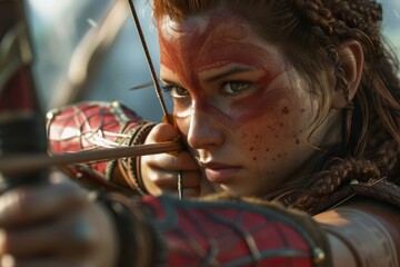 Intense female warrior with bow, focused and ready in a dynamic action scene, evoking strength and bravery in a vibrant outdoor setting.

