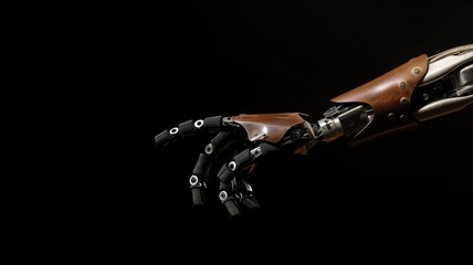 Detailed robotic hand showing articulation against a black backdrop