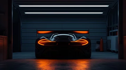  Back view silhouette of a modern generic sports racing car standing in a dark garage. Realistic 3d rendering. 3D Illustration © Orxan