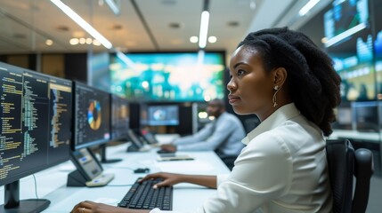 control room with a black woman working on a computer, global network connectivity - obrazy, fototapety, plakaty