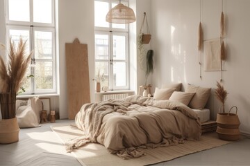 bedroom, interior, and photo studio. trendy in beige, white, and brown. Pampas. Flowers are plants. place a copy DIY mockup