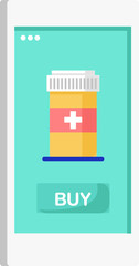 Online pharmacy shopping concept with a medication bottle on a smartphone screen. Prescription refill and e-pharmacy service vector illustration.