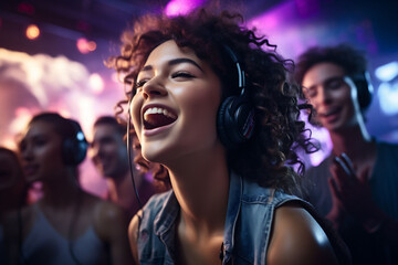 A joyful woman with curly hair enjoys music in headphones at a vibrant club. The atmosphere is energetic and joyful, entertainment, nightlife, silent disco. - obrazy, fototapety, plakaty
