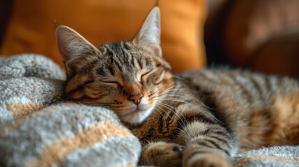  a close up of a cat laying on a couch with its eyes closed and it's head resting on a pillow.