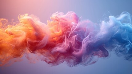  a multicolored cloud of smoke on a blue and pink background with a red, orange, and blue smoke trail. - obrazy, fototapety, plakaty