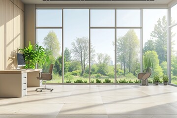 Beige empty office interior with panoramic window on countryside