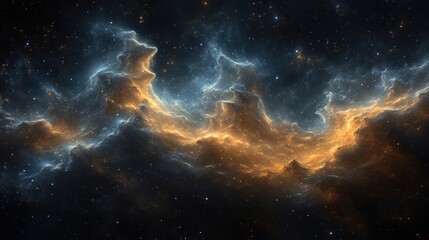  a computer generated image of a cluster of stars in the night sky, with a bright orange and blue cloud like structure in the center of the image.