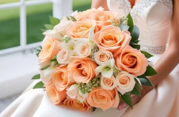 Obraz premium The bride holds a pastel peach colored wedding bouquet, Peach Fuzz