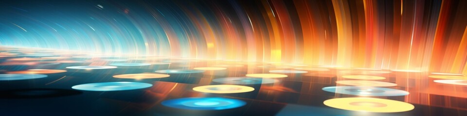 Music themed banner of record vinyl omitting, a spectrum of colour and sound waves - obrazy, fototapety, plakaty