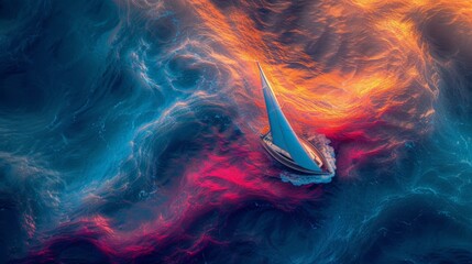 minimalism and surreal illustration, aerial view, top view, yacht sails on the ocean   - obrazy, fototapety, plakaty