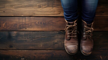 A pair of leather boots placed on aged wooden floorboards - obrazy, fototapety, plakaty