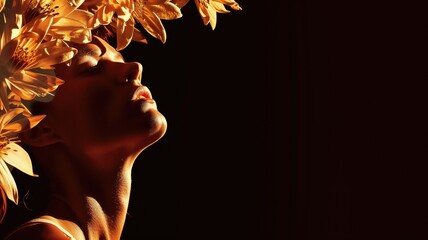 Woman in profile adorned with golden flowers, radiant light