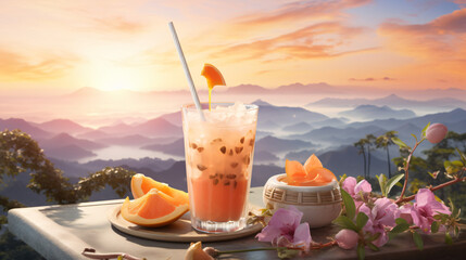 Vibrant milk tea with a scenic fruit infusion 