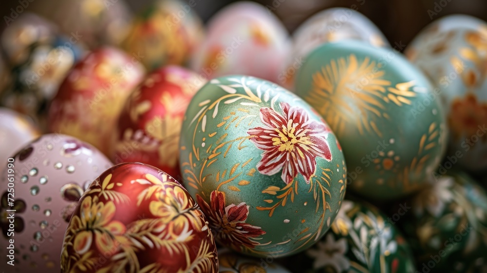 Poster a pile of colorfully decorated eggs sitting on top of a pile of other colored eggs in a pile next to