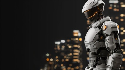 Futuristic robot with humanoid features against city backdrop