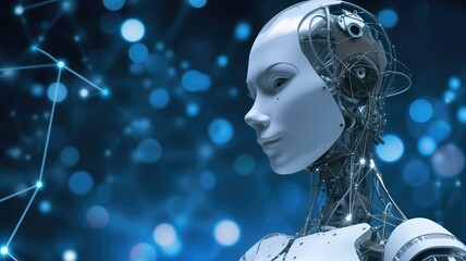 Close-up of an android head with visible mechanics, blue background