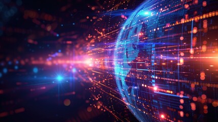 Obraz premium Illuminated digital globe with dynamic data lines, concept of global connectivity