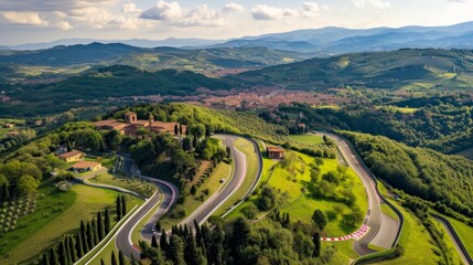 Fototapeta premium Florence, Italy - 15 August 2021: Aerial view of Mugello Circuit, Italy