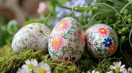 Fototapeta premium a close up of three decorated eggs in a field of grass with daisies and daisies in the background.