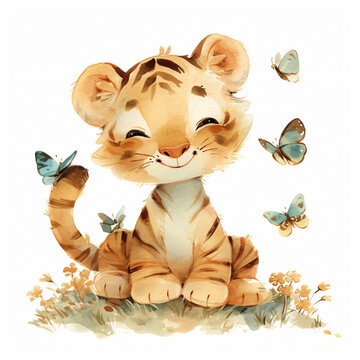 Tiger cub with butterflies isolated on white background. Cute watercolor illustration. Element for design, print, sticker. Wildlife and nature concept