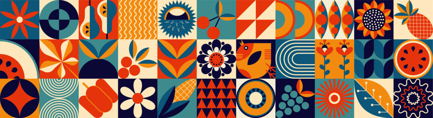 Mosaic pattern with winter.  A large set of simple icons. Geometric shapes. Textile background with vegetables, fruits, flowers