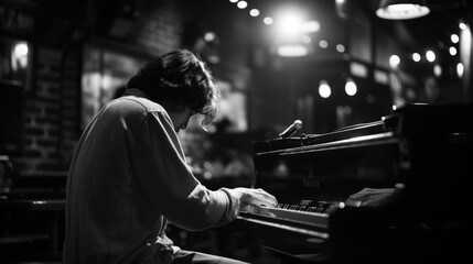 man playing jazz piano, in a bar with lights in background, black and white photograph