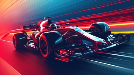 Formula One f1. Abstract vector 3d f 1 bolide racecar on speedway. Fast motion. Finish line. Success in competition, race winner, business win concept. Auto sport, fast automobile symbol