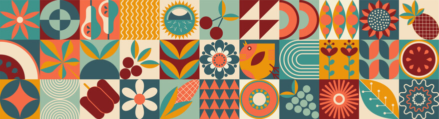 Mosaic pattern with Spring.  A large set of simple icons. Geometric shapes. Textile background with vegetables, fruits, flowers