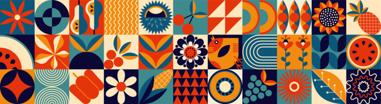 Fototapeta Mosaic pattern with winter.  A large set of simple icons. Geometric shapes. Textile background with vegetables, fruits, flowers
