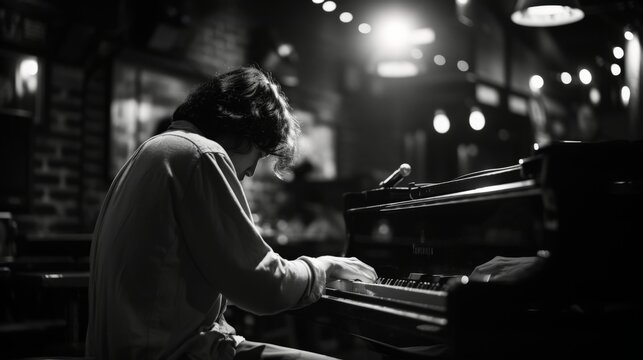 man playing jazz piano, in a bar with lights in background, black and white photograph