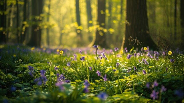  a forest filled with lots of purple flowers next to a forest filled with lots of green grass and tall trees.