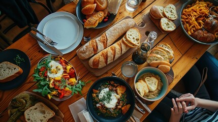  a wooden table topped with bowls of food and plates of bread and other foods on top of a wooden table.