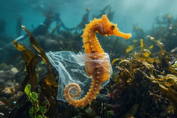 Plastic pollution environmental problem. Seahorse and plastic bottles, tin cans underwater - obrazy, fototapety, plakaty