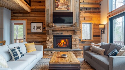 Obraz na płótnie Canvas rustic fireplace cabin living room