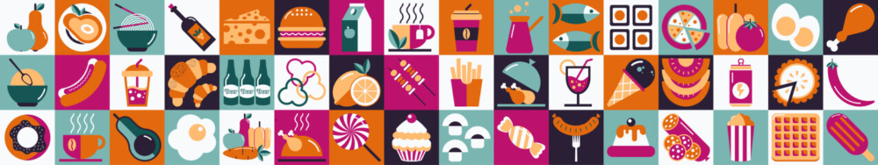 Set of food and drinks icons. Abstract geometric pattern. Mosaic style. Vector illustration