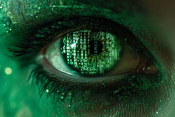 Close-up of a human eye with green binary code reflections, concept of machine vision