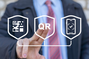 Businessman using virtual touch screen presses text: QR. QR code sample for smartphone scanning. Verification QR code. Concept following a link.