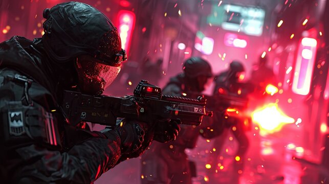 Futuristic cyberpunk shooter game scene with action