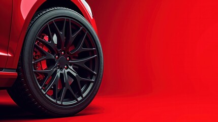 Modern car wheel with a disk on a red background and engine oil. Advertising poster. Car tires.Advertising banner for the sale. Black rubber tire. Landscape poster, flyer, booklet brochure design