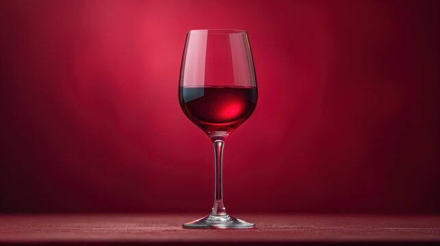  a close up of a wine glass with a red liquid inside of it on a table with a red background.