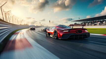 Motorsport cars racing on race track with motion blur background, cornering scene. 3D Rendering - obrazy, fototapety, plakaty