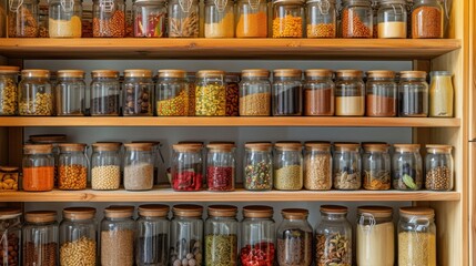 Neatly organized labeled food pantry in a home kitchen with spices grains flour rice sugar nuts - obrazy, fototapety, plakaty