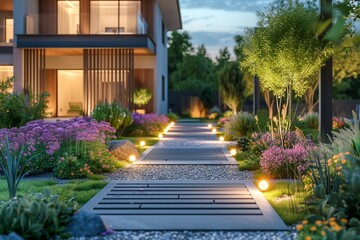 Modern gardening landscaping design details. Illuminated pathway in front of residential house....