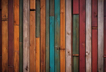 Colorful wooden background with vertical wooden slat of different bright colors and a lot of copy space