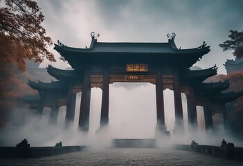 Mystical Asian Gates in fog