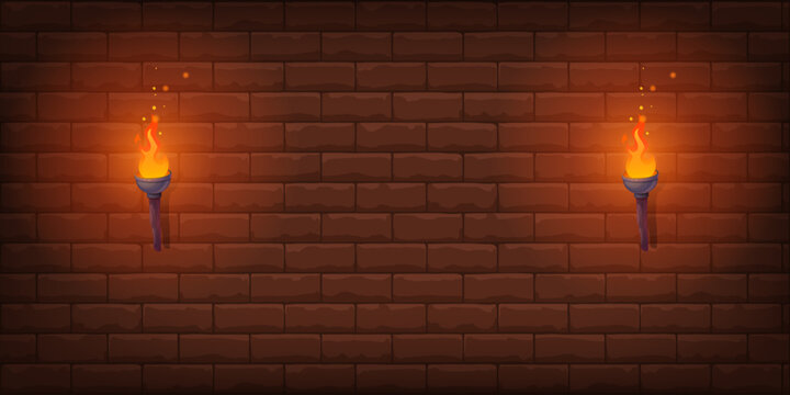 Burning torches mounted on a dark brown brick wall. The flames are bright and vibrant, with an orange-yellow hue. Medieval or fantasy. Stock Vector Illustration.