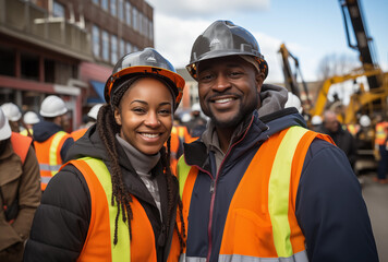 The engineers, a woman and a man, both African-American, are smiling together on the street. Two construction workers are happy. - obrazy, fototapety, plakaty